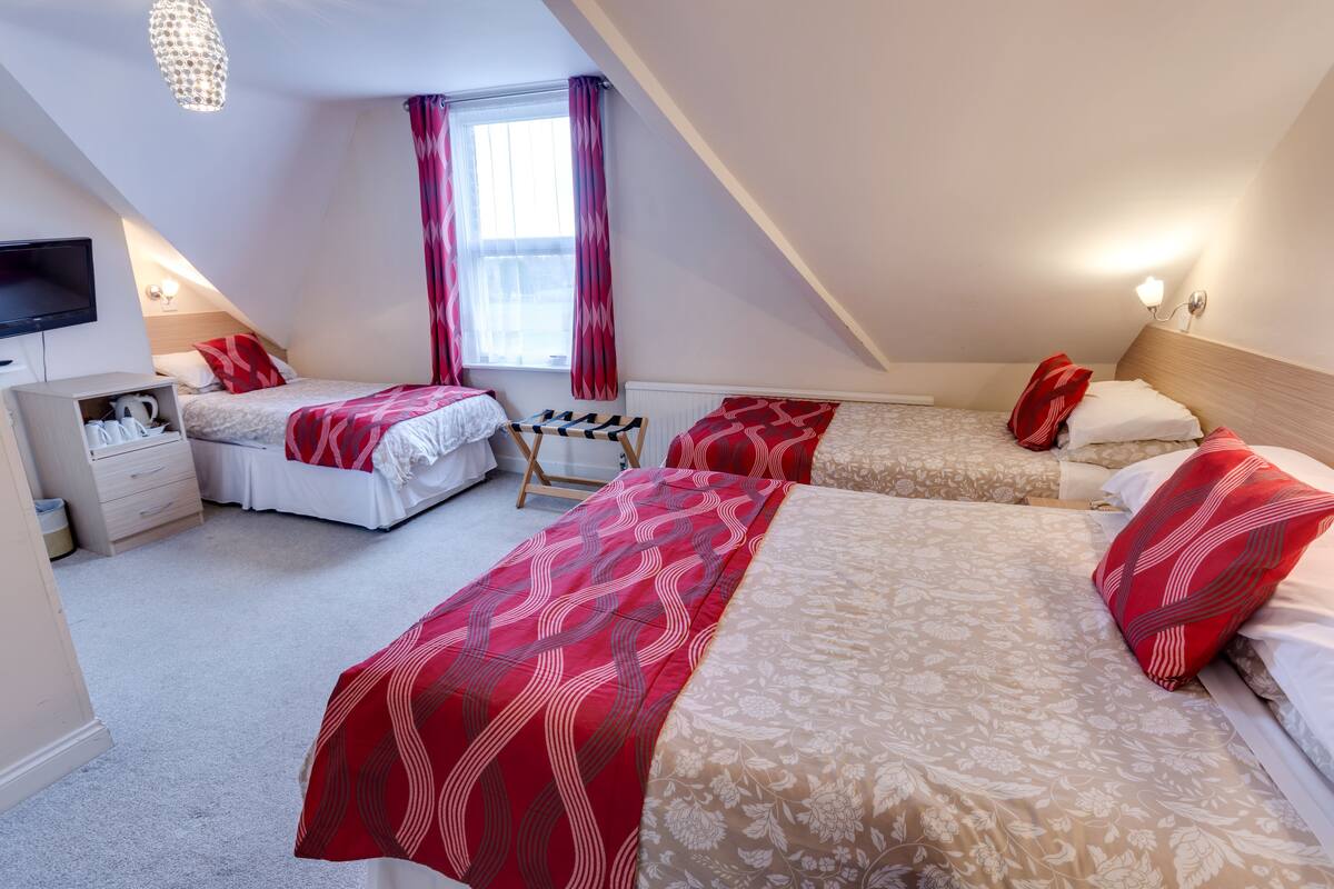 A bedroom with two beds, a TV, and a window with curtains.