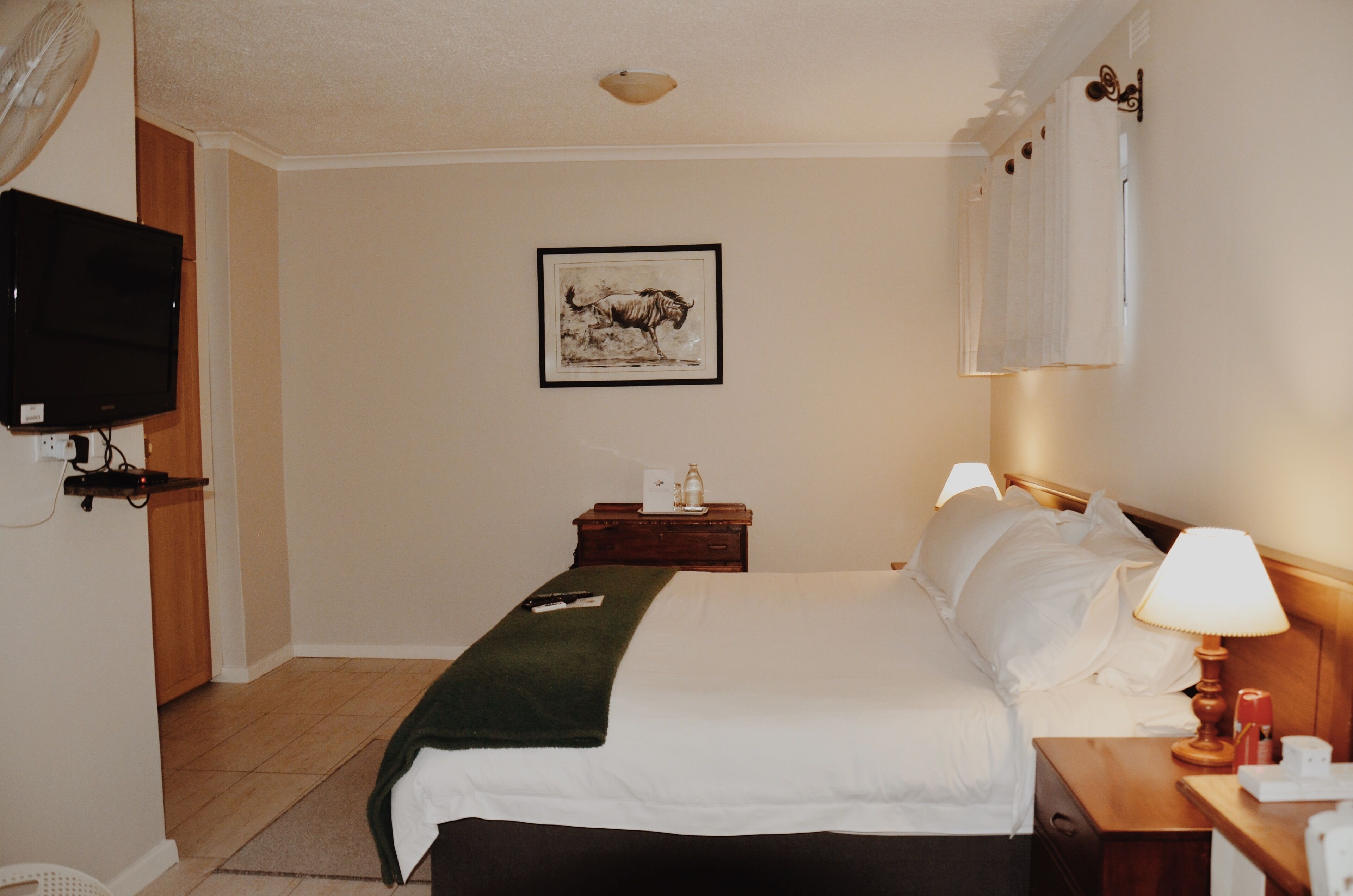 Habitación de hotel con cama, mesita de noche, lámpara, televisor y un cuadro en la pared.