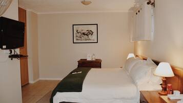 Habitación de hotel con cama, mesita de noche, lámpara, televisor y un cuadro en la pared.