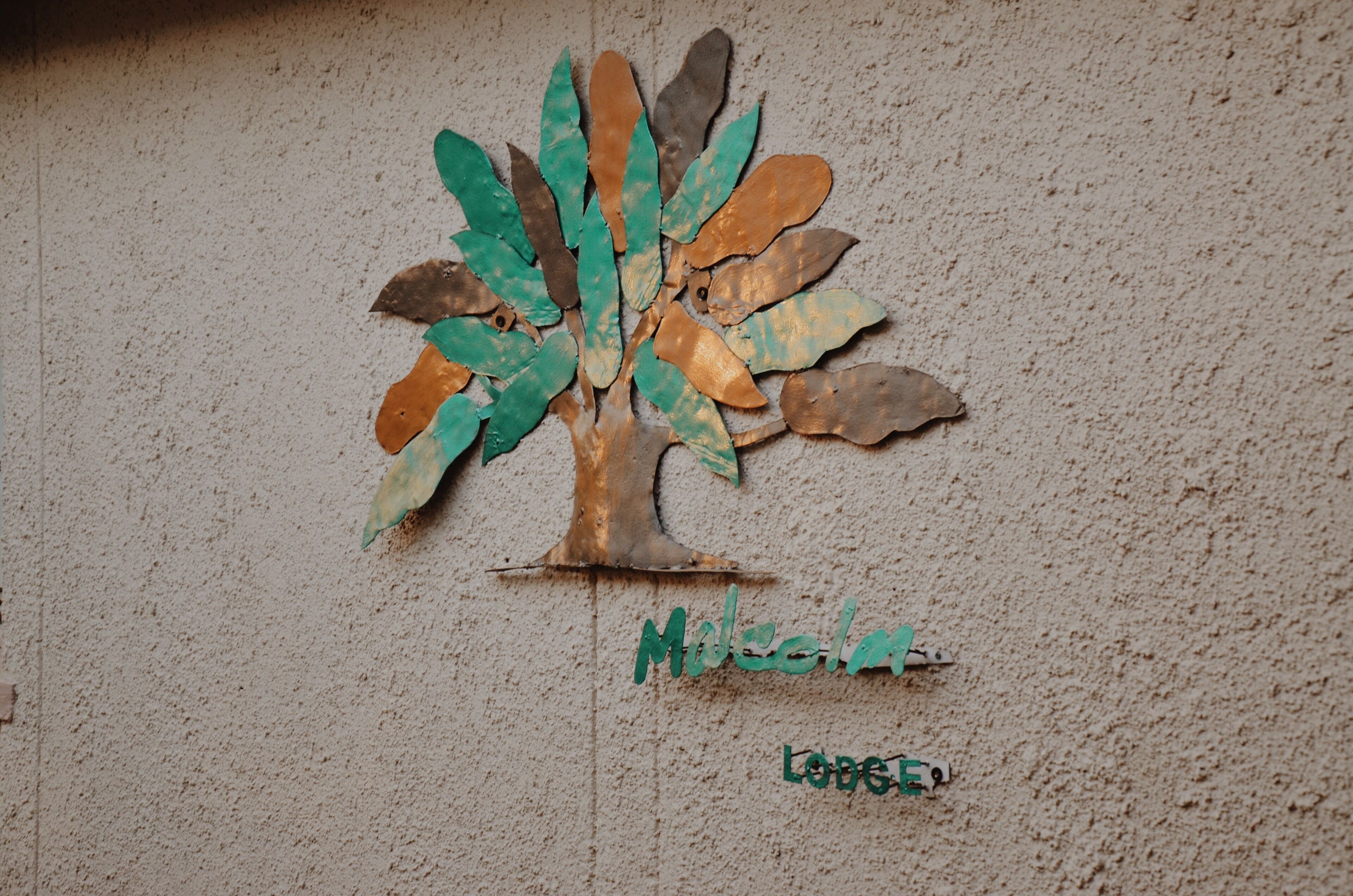 Una escultura de árbol montada en la pared con el nombre "Mecalina" y la palabra "Lodge" escritas debajo.