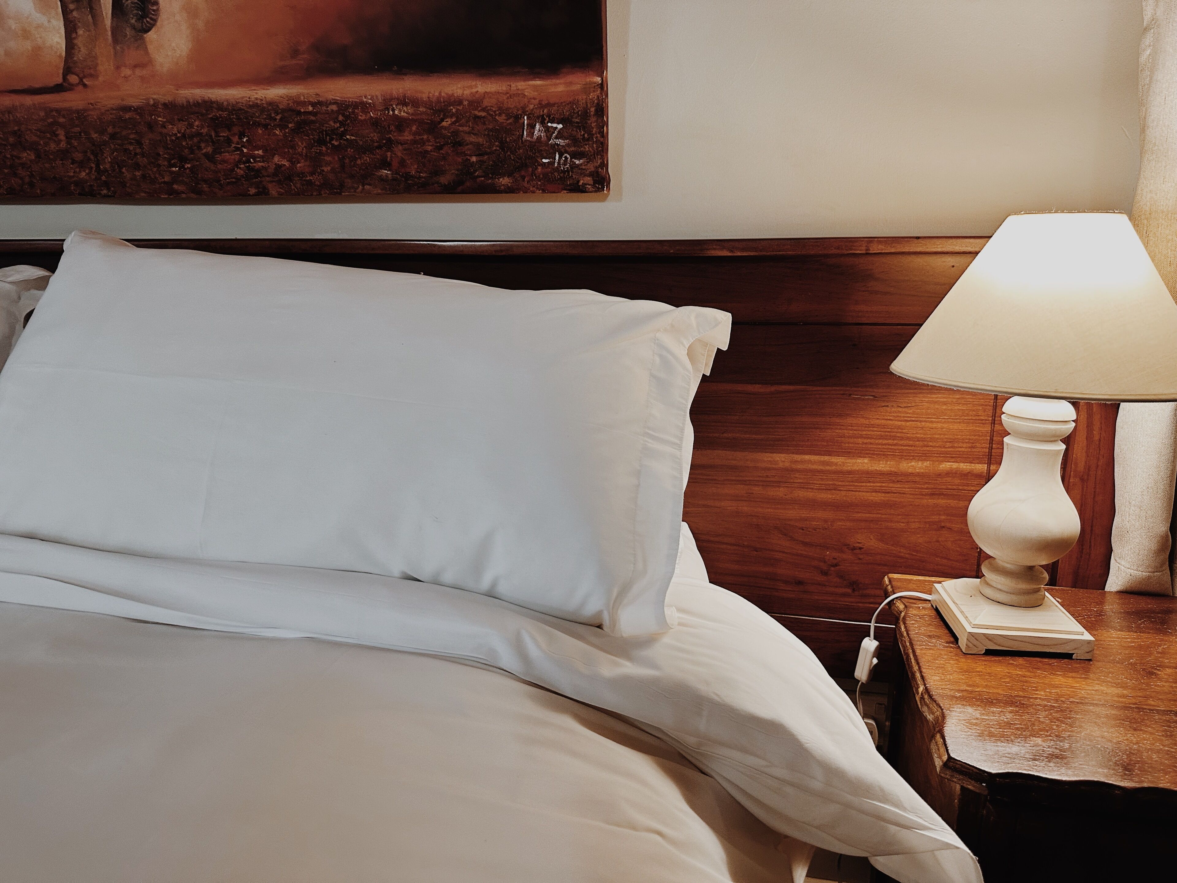 A neatly made bed with white linens, a wooden nightstand with a lamp, and a painting on the wall.