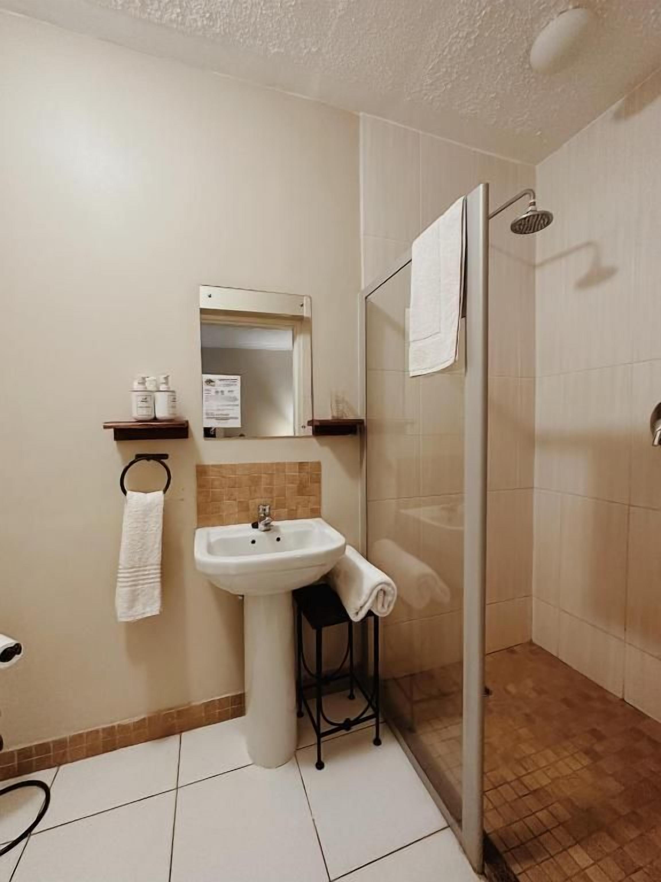 Un baño con lavamanos, espejo, toallero y ducha.