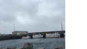 Een haven met diverse boten aangemeerd aan een steiger, een gebouw met een bord en een rotsachtige kustlijn.