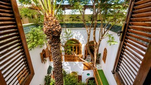 A courtyard with a palm tree, wooden shutters, and a tiled floor. - Riad O-ly (Marrakech)
