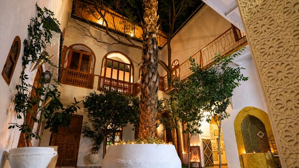 An interior courtyard with a central tree, white planters, and a staircase. - Riad O-ly (Marrakech)