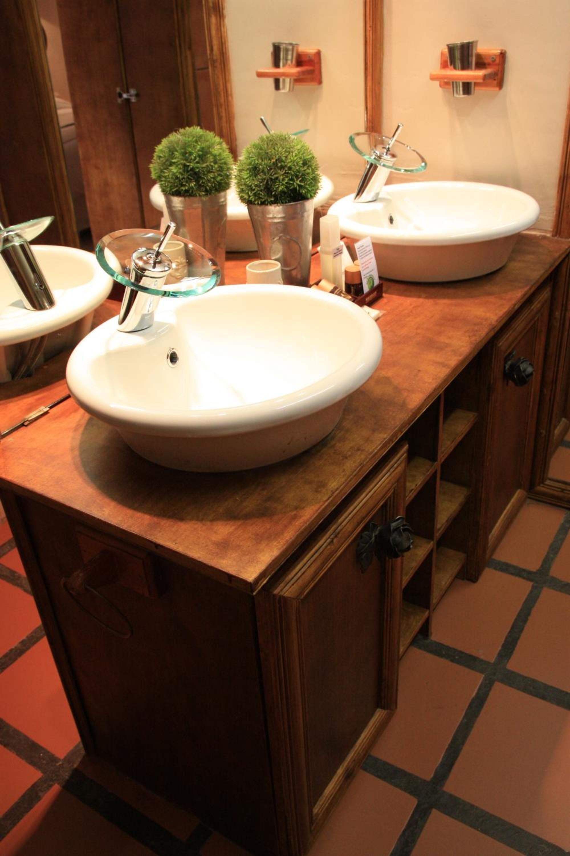 A bathroom with two sinks, wooden cabinets, and decorative potted plants.