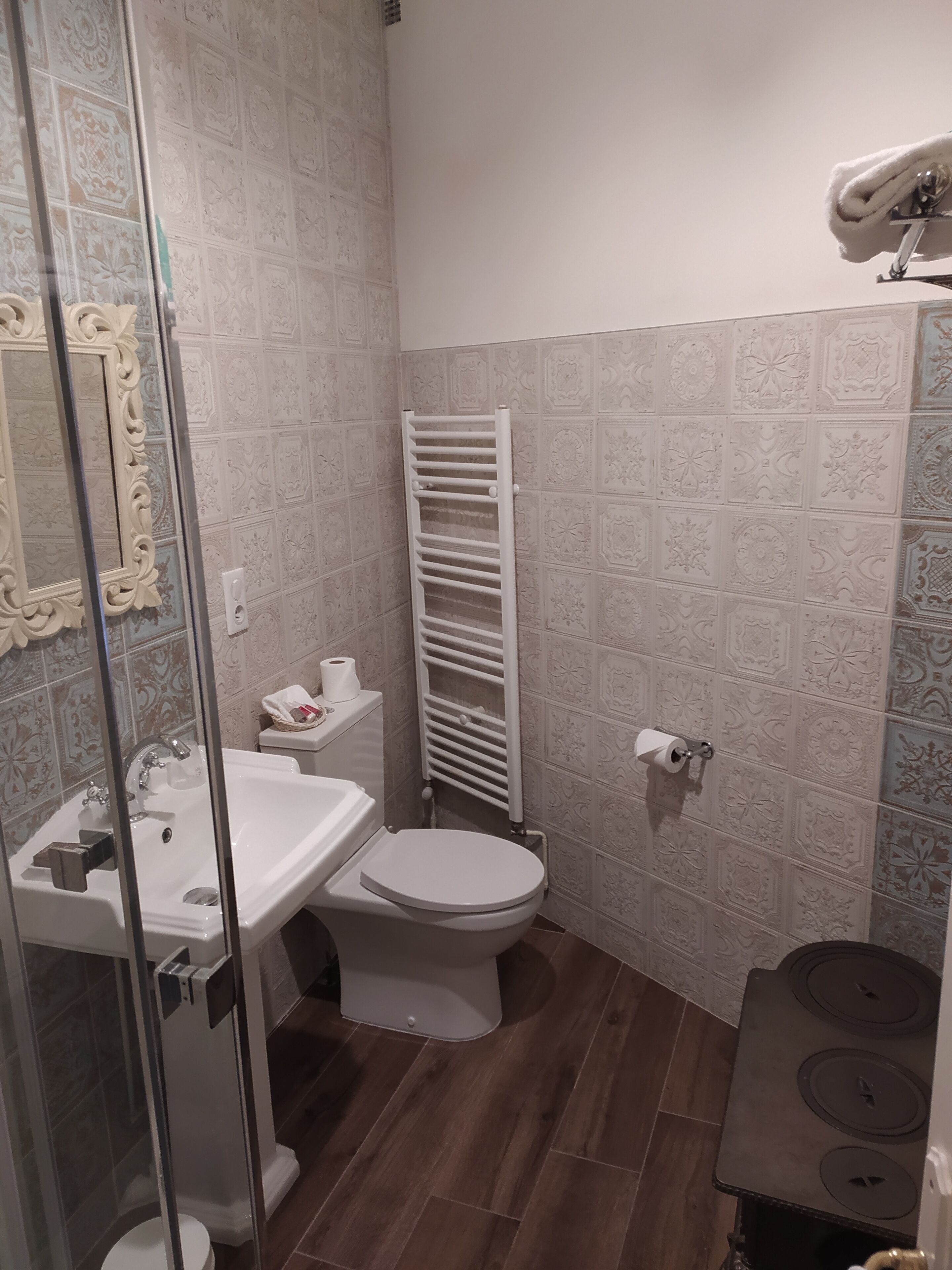 A bathroom with a glass shower enclosure, a white sink, a toilet, and a towel rack.