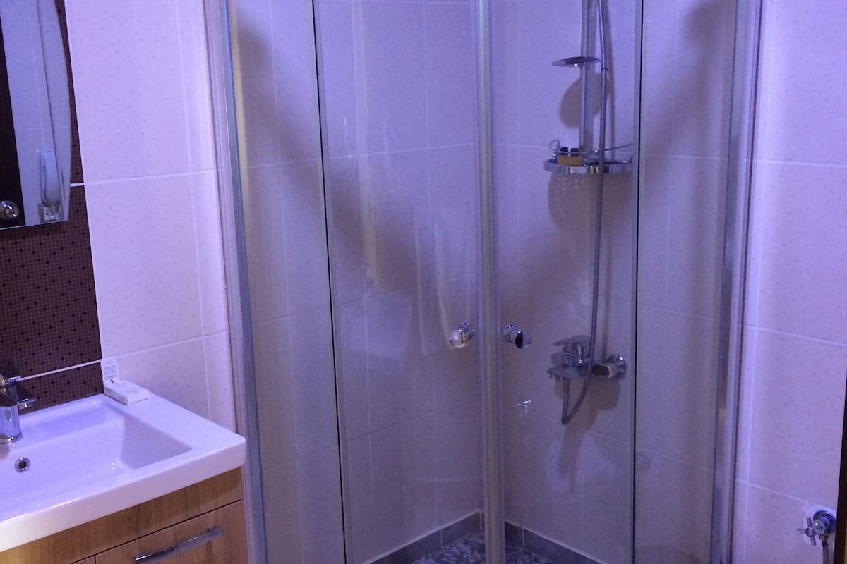 economy room, 3 single beds | bathroom | shower, free toiletries, hair dryer, slippers