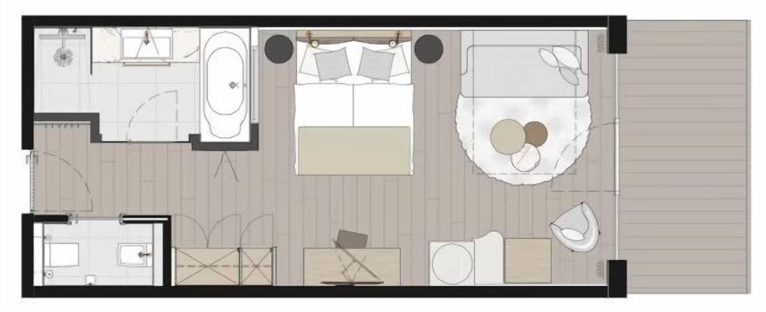 Plano de planta de una habitación de hotel con baño, zona de estar con sofá y sillones, cama y una mesita.