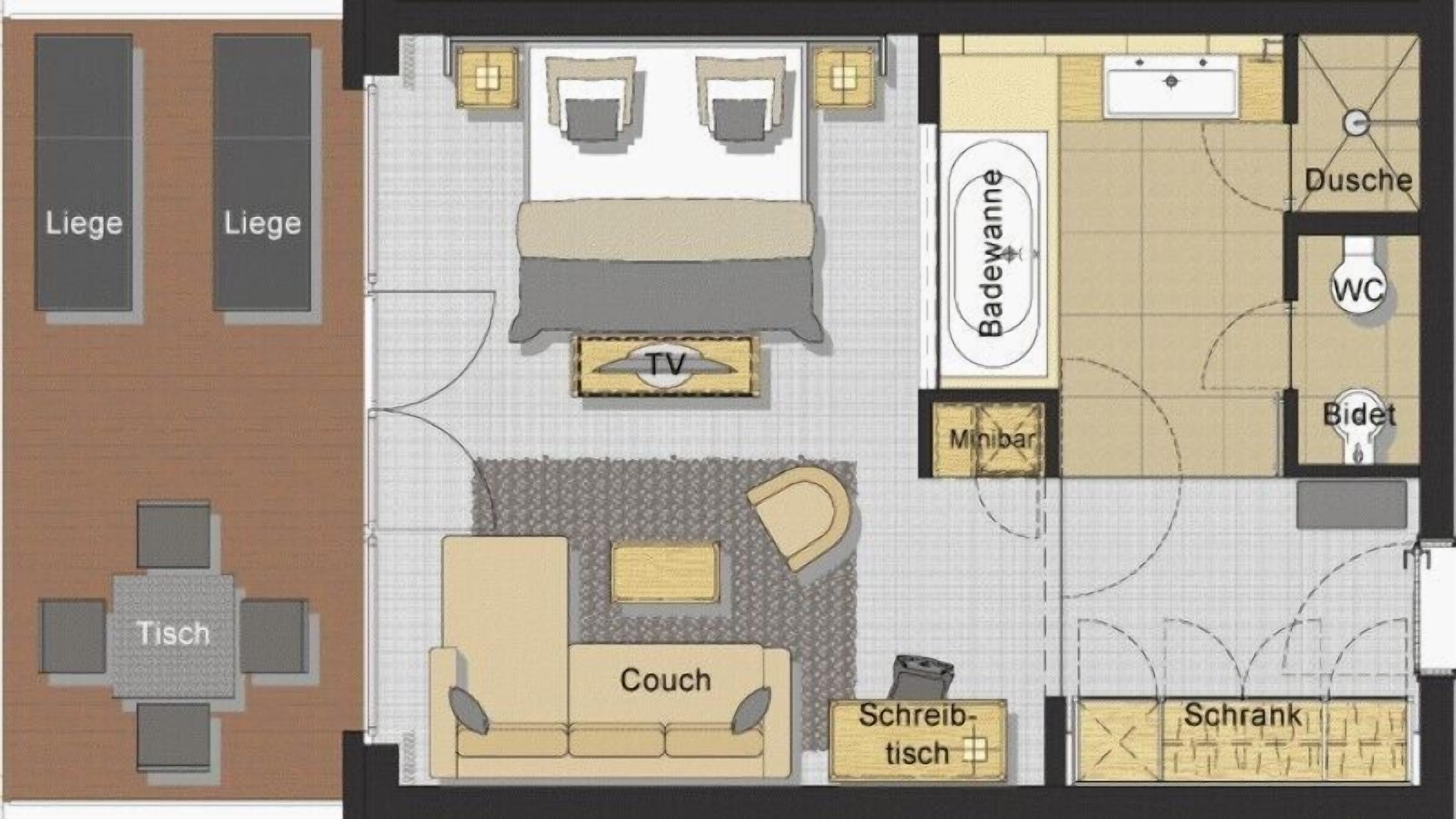 Un plan d’une chambre d’hôtel comprenant un lit, une télévision, un canapé et un petit coin repas.