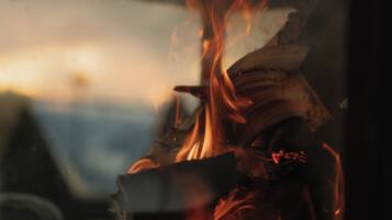Primer plano de un fuego ardiendo en una chimenea.
