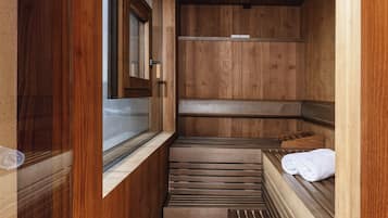 A sauna with wooden benches and a window.