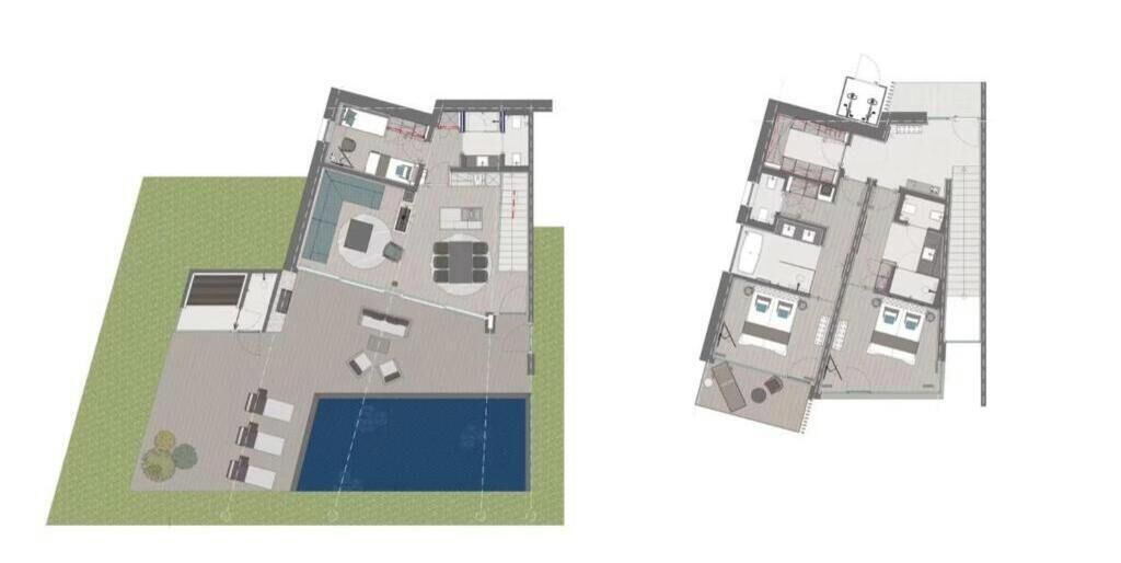 Representación arquitectónica en 3D de un edificio moderno con piscina, varias habitaciones y un espacio exterior cubierto.