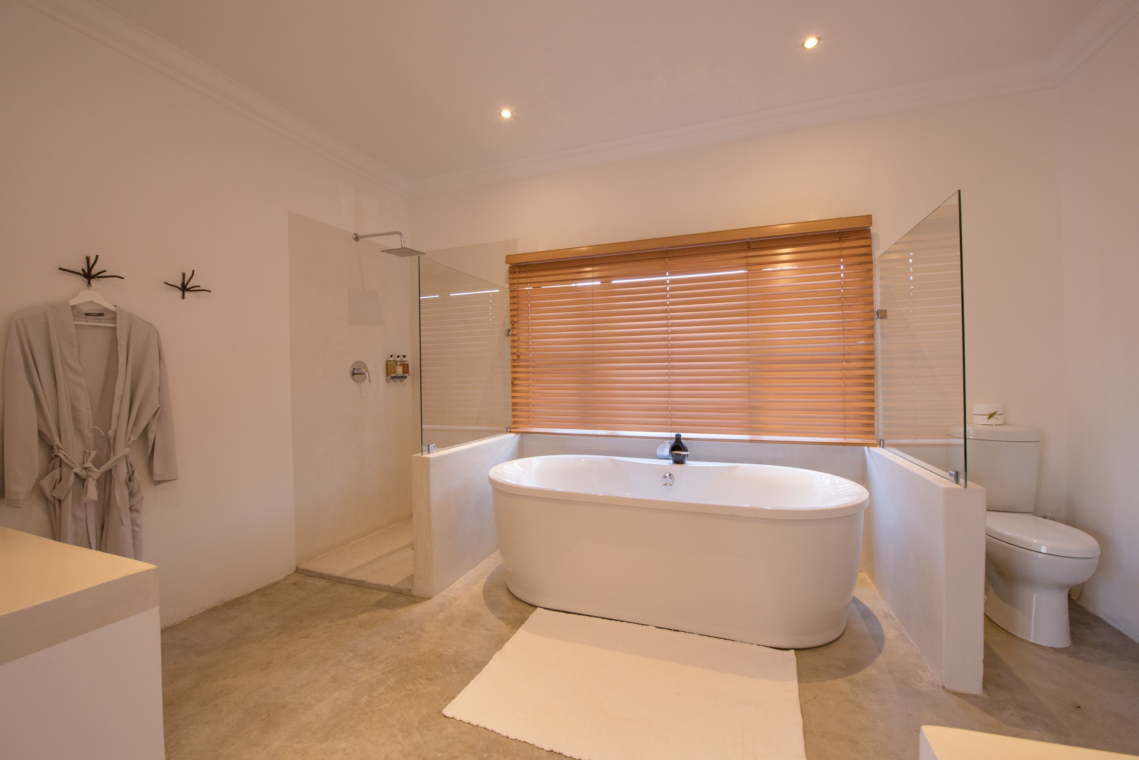 A modern bathroom with a freestanding bathtub, a glass shower enclosure, and a toilet.
