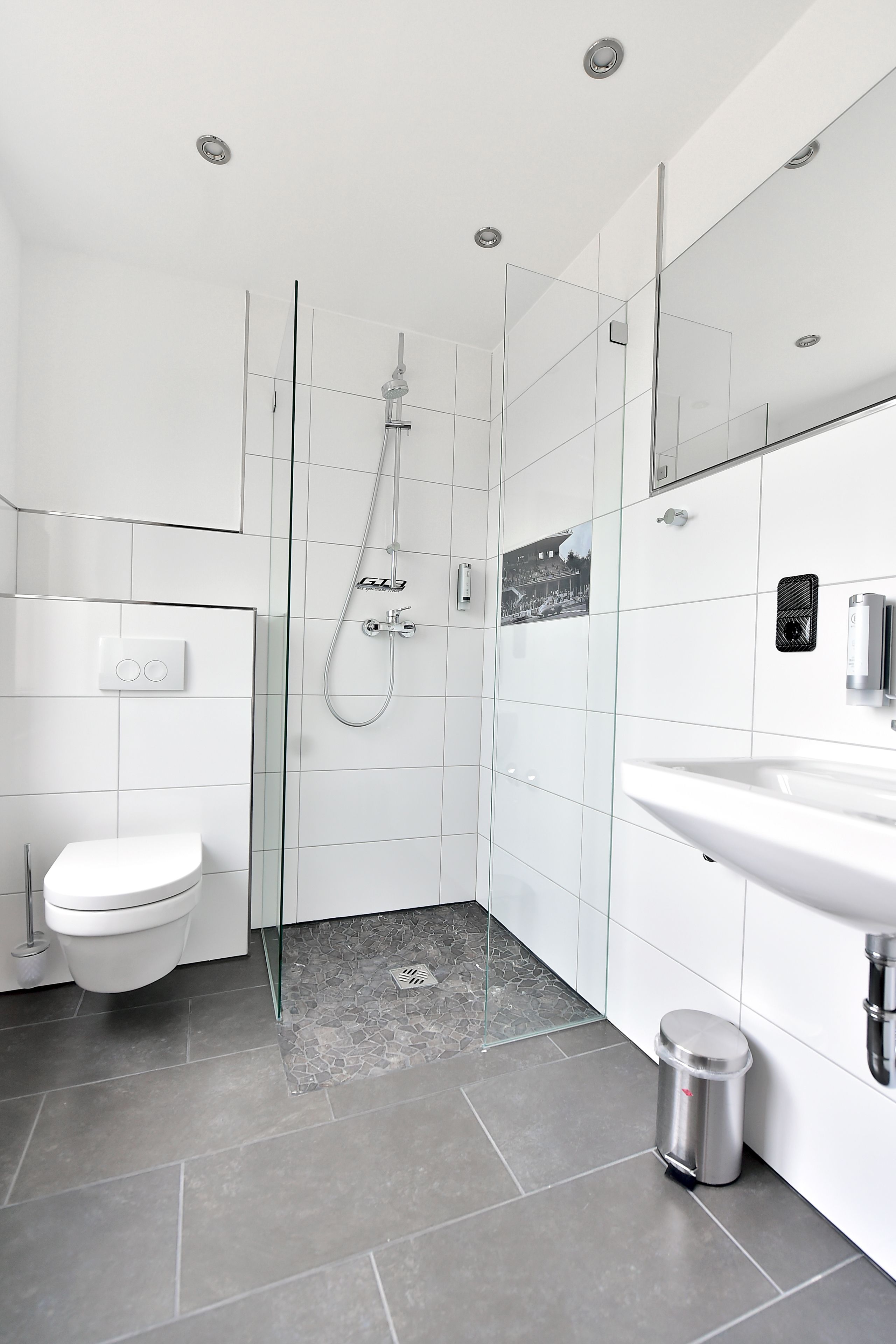 A modern bathroom with a glass shower enclosure, a white toilet, a sink, and a trash bin.