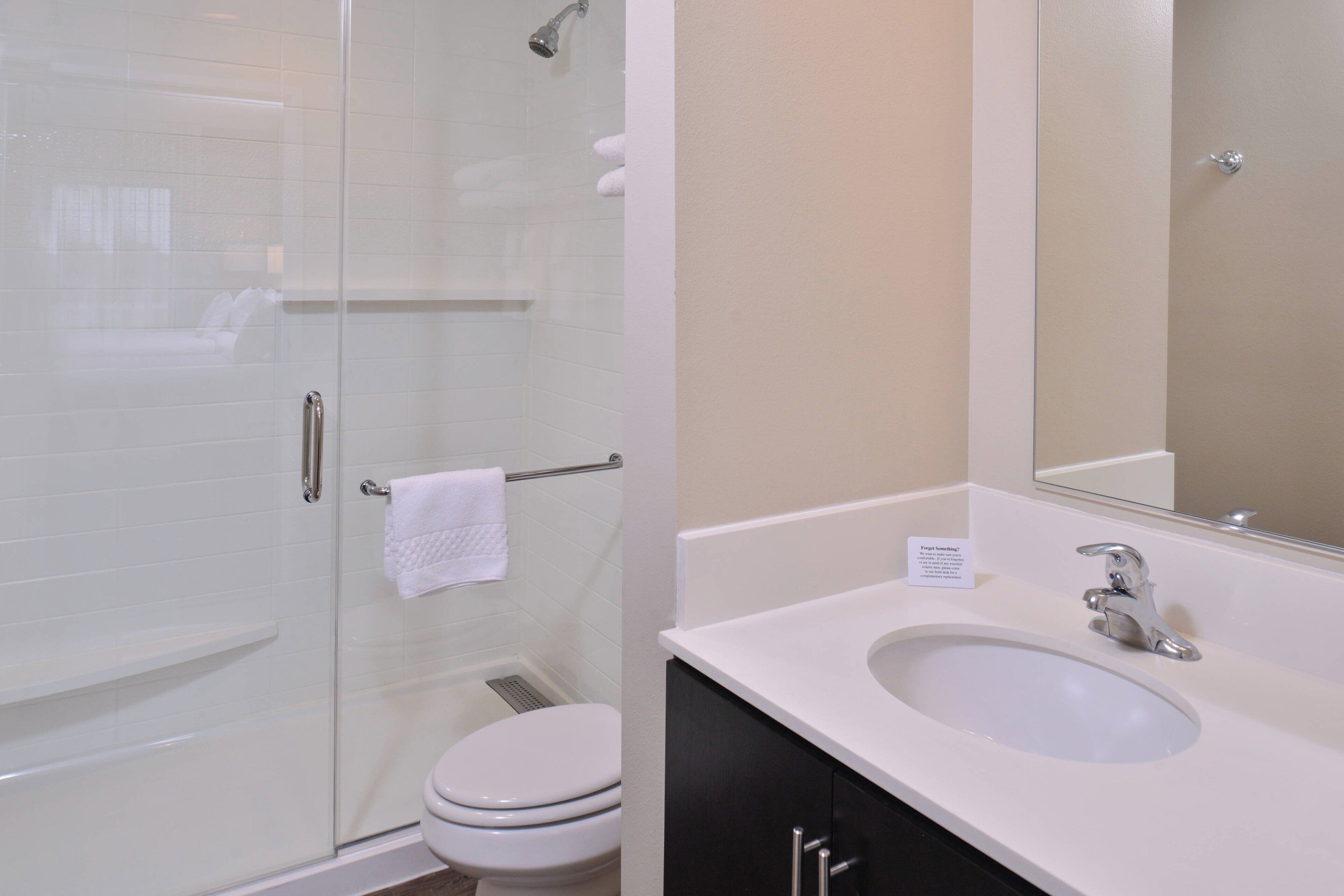 combined shower/bathtub, free toiletries, hair dryer, towels