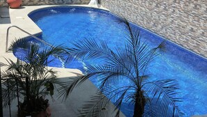 A swimming pool with clear blue water, surrounded by a stone wall and palm trees. - Rustico Santa Teresa (Cóbano)