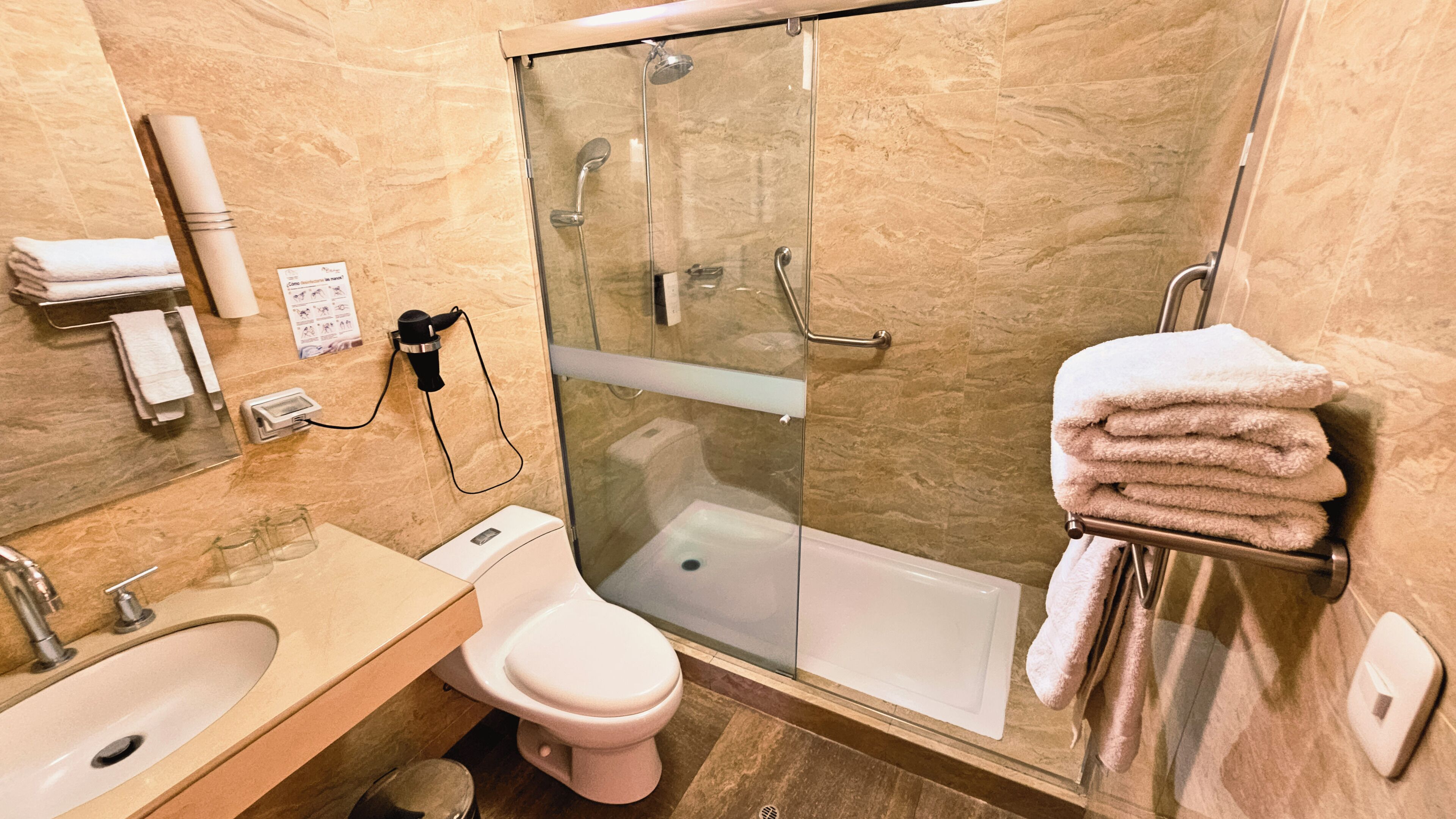 free toiletries, hair dryer, towels