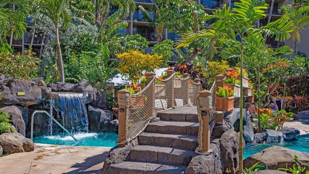 A pool area with a waterfall, stone steps, and a rope bridge.