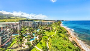 A resort with multiple buildings, a beachfront, and a pool area.