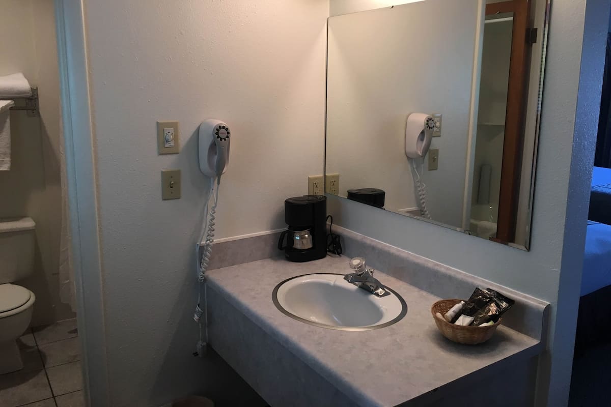 A bathroom with a sink, a mirror, a hairdryer, and a coffee maker.