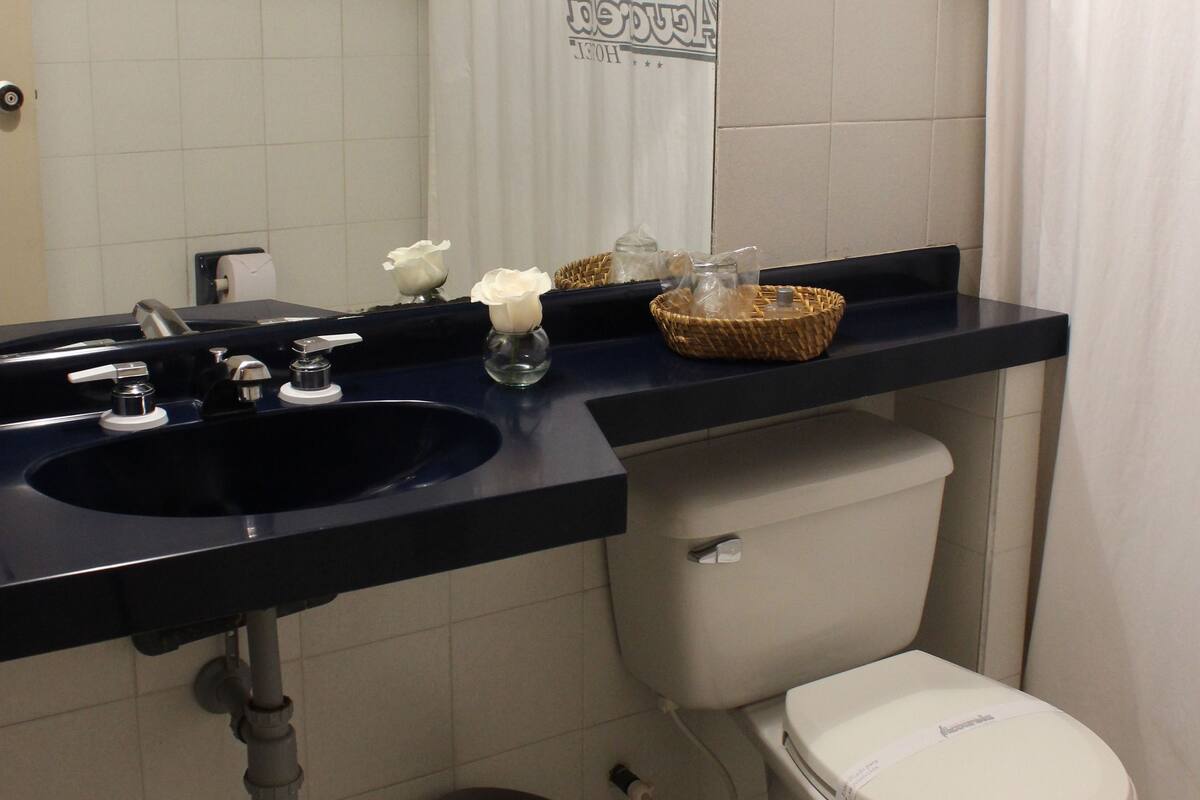 Shower, free toiletries, hair dryer, towels