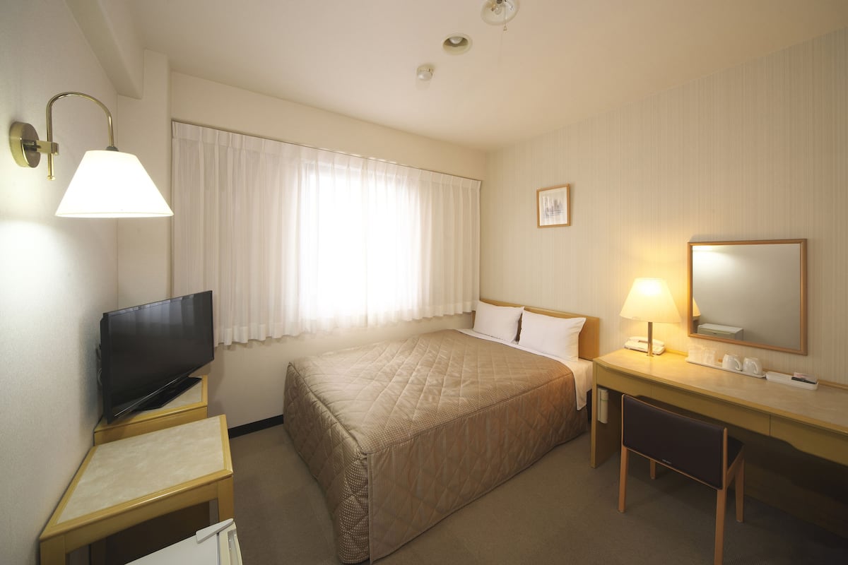 Una camera d'albergo con un letto, una scrivania, una televisione, una lampada e uno specchio.