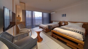 프리미어 트윈룸, 바다 전망 | 각각 다른 스타일의 인테리어, 각각 다르게 가구 비치, 다리미/다리미판, 침대 시트