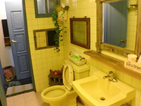 A bathroom with a toilet, sink, and mirror. There is a trash can and a small plant on the wall. - House 123 Lan (Tainan)