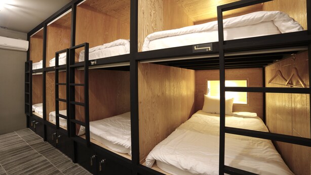 A bunk bed room with wooden walls, a ladder, and a bedside lamp. - The Bay Guesthouse - Hostel (Busan)