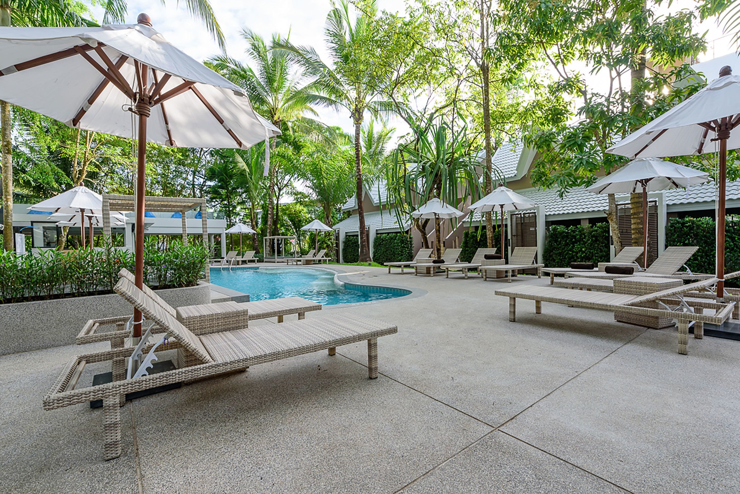 A poolside area with lounge chairs and umbrellas, surrounded by palm trees and greenery.