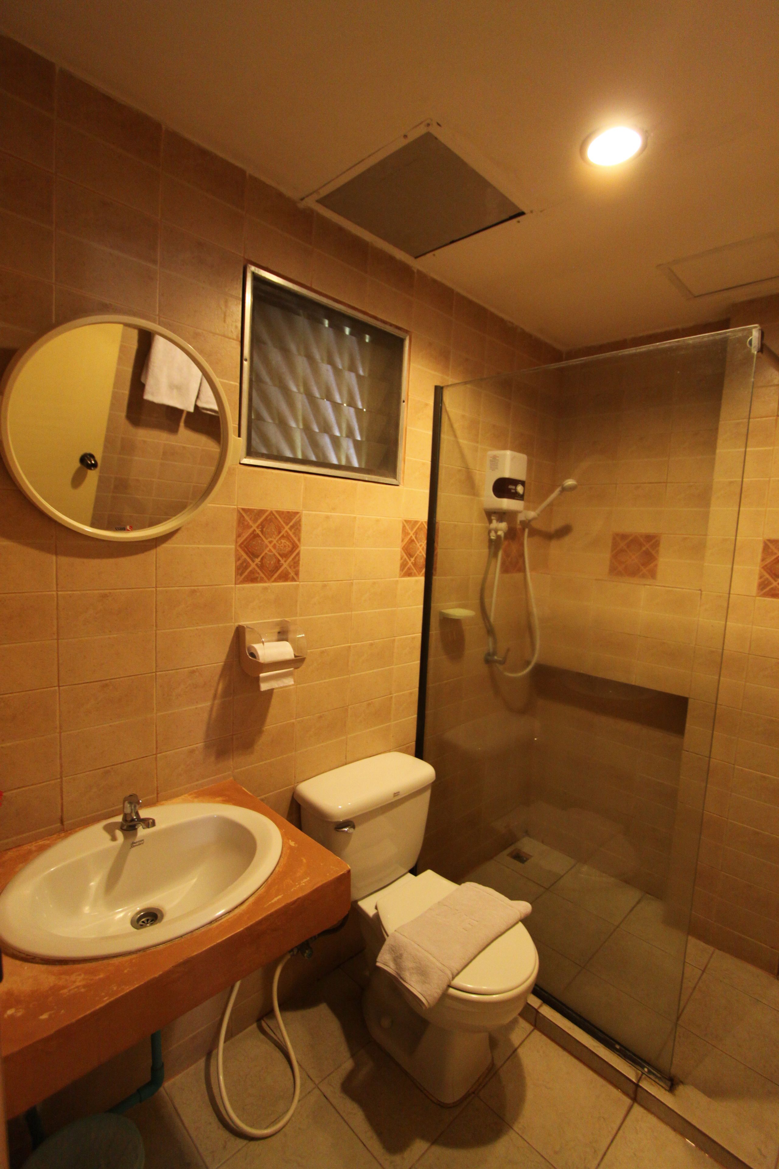 A bathroom with a sink, toilet, and shower.