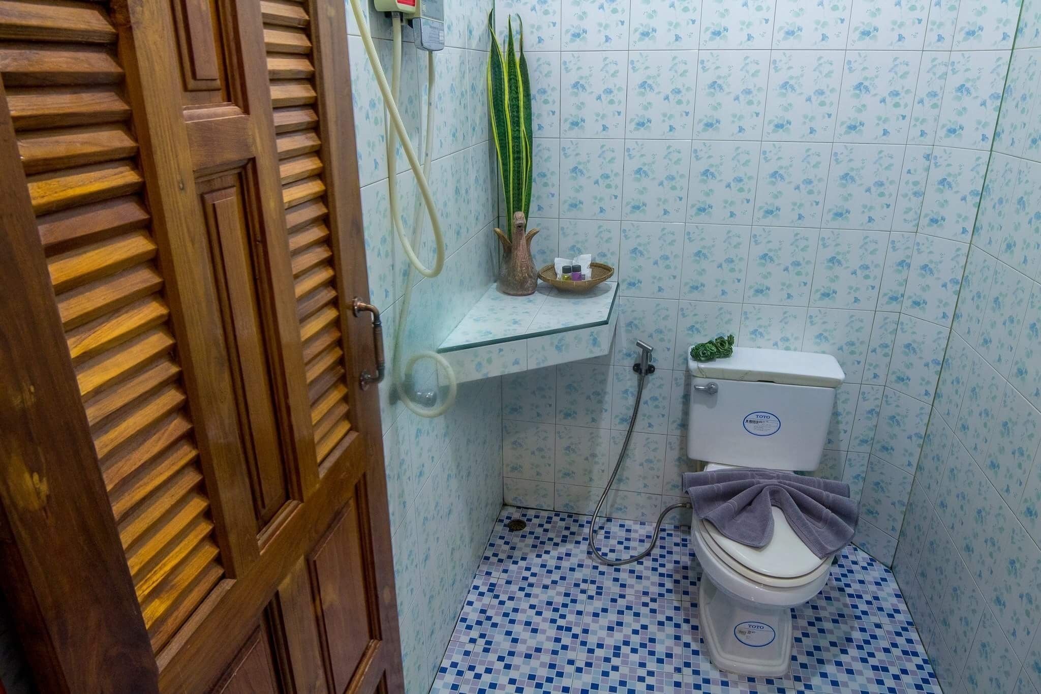 A bathroom with a toilet, shower, and a wooden door.