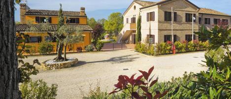 A courtyard with a yellow building, a stone wall, and a tree.