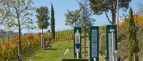 A park with exercise equipment, a bench, and a fence.