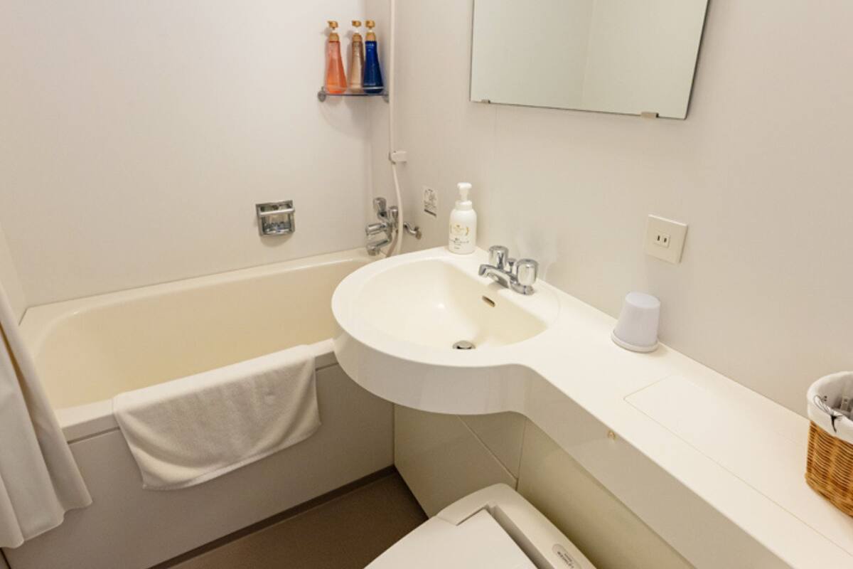 combined shower/bathtub, free toiletries, hair dryer, slippers