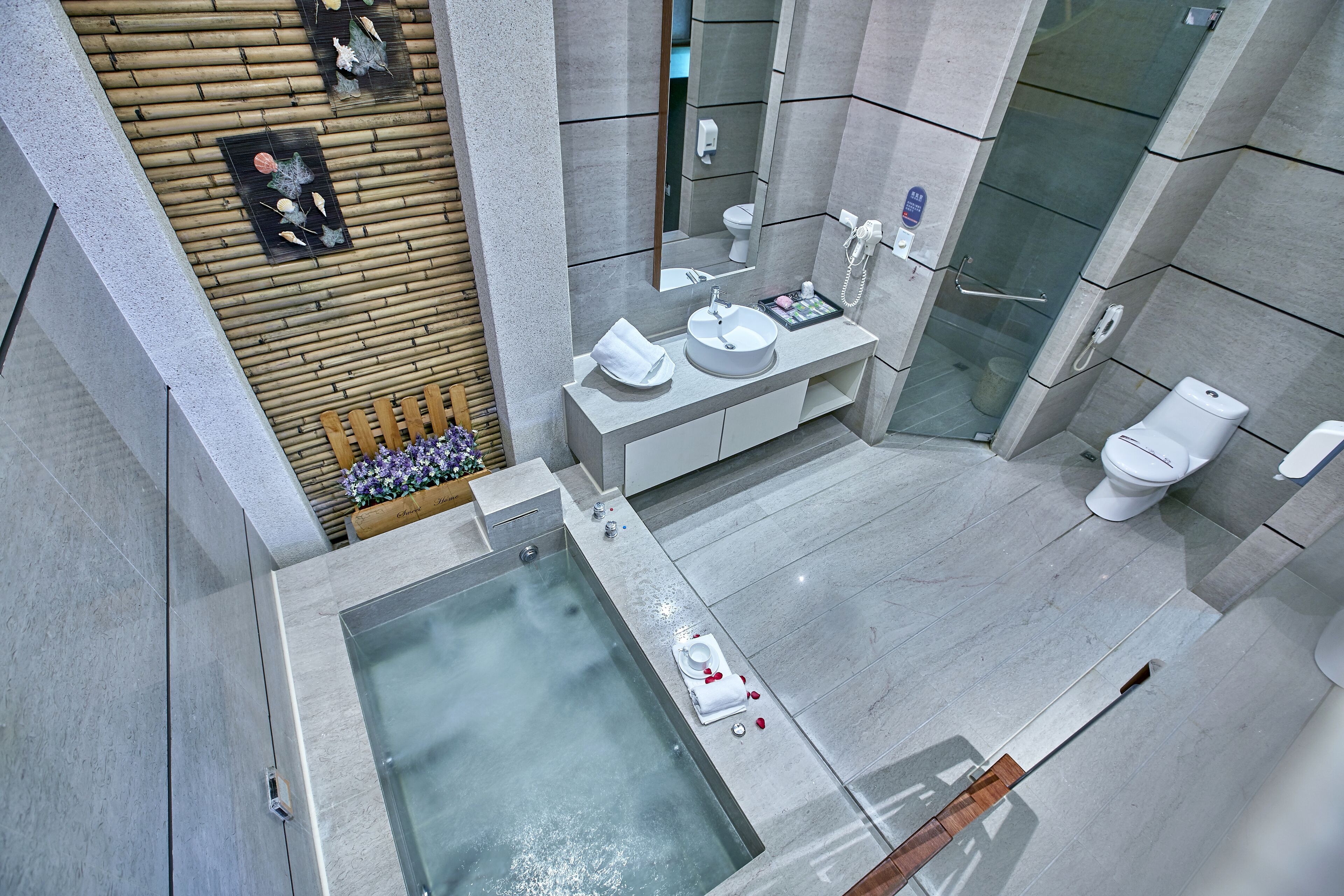 Une salle de bain moderne avec un jacuzzi entouré de parois en verre, un meuble-lavabo avec un évier et un miroir, et des toilettes.