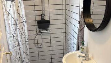 Un baño con ducha, lavamanos y espejo.