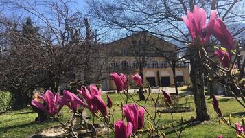 A building with a traditional architectural style, surrounded by a grassy area with blooming pink flowers.