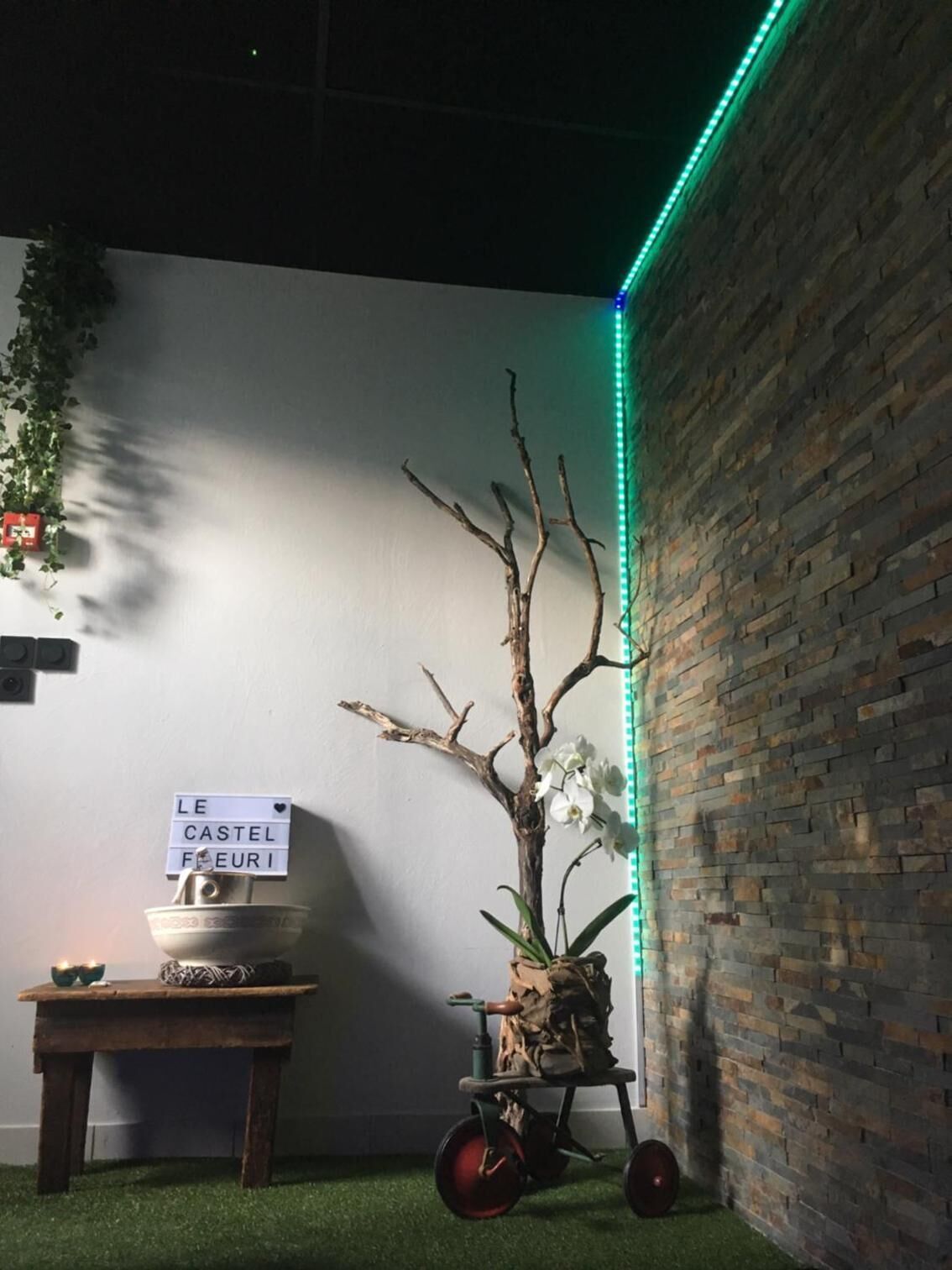 A corner with a brick wall, a small table with a potted plant, a sign, and a decorative item on wheels.