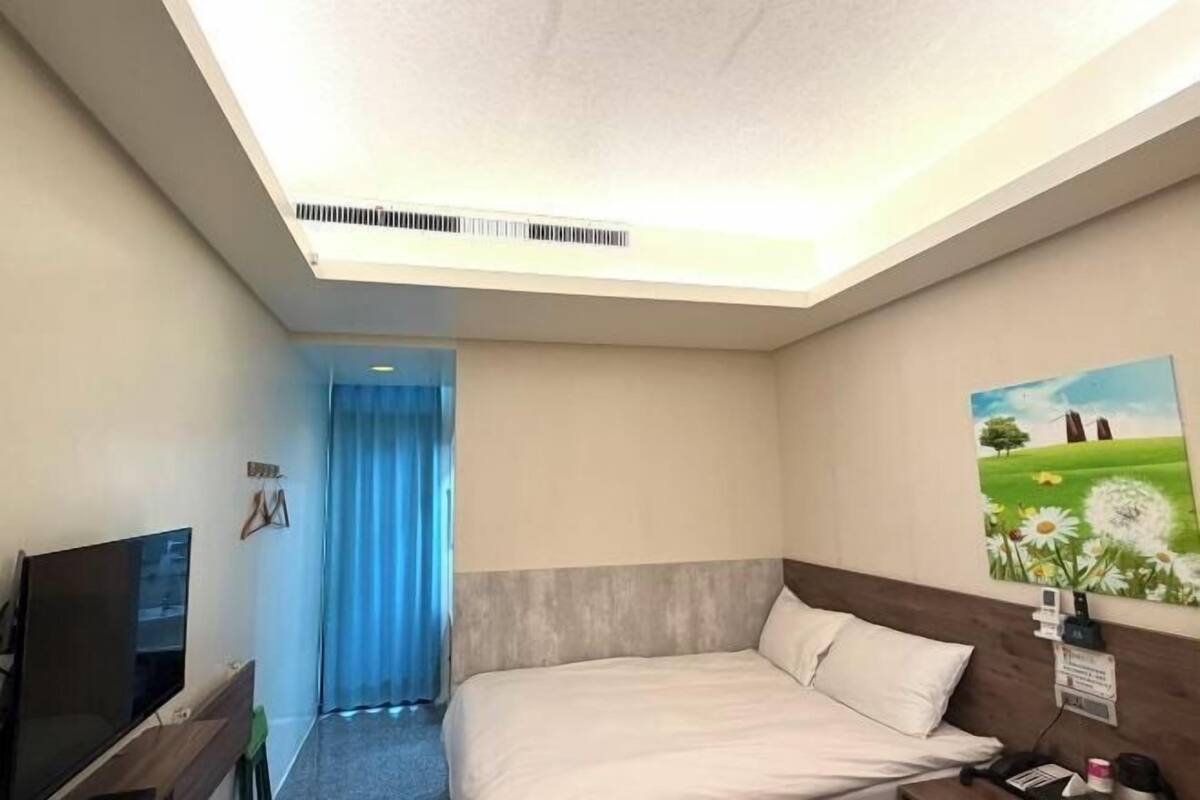 A hotel room with a bed, a TV, a painting, and a ceiling light.
