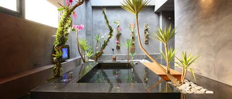 A modern indoor garden with a reflective water feature, potted plants, and a wooden bench.