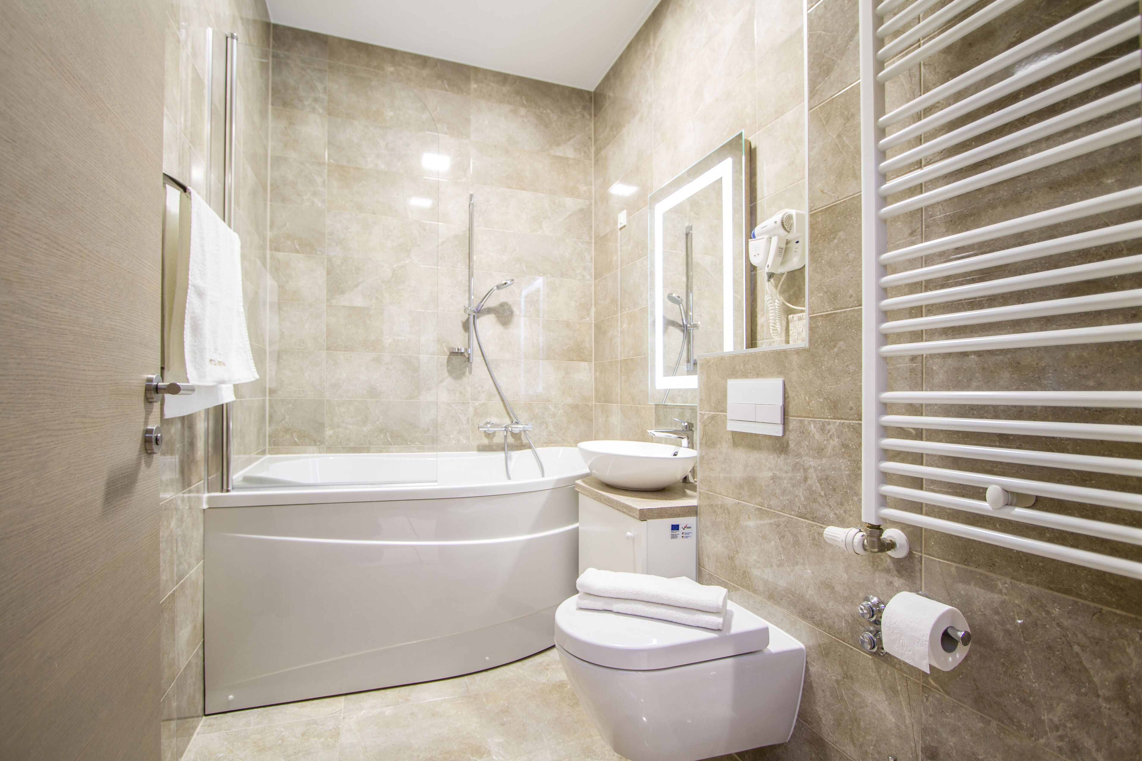 free toiletries, hair dryer, slippers, towels