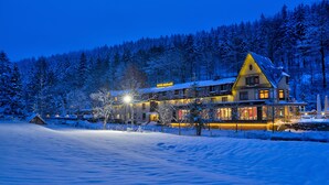 A snow-covered lodge with a prominent triangular roof and a lit sign reading "HOTEL WILFENMILE". - Hotel Waldmühle (Zella-Mehlis)