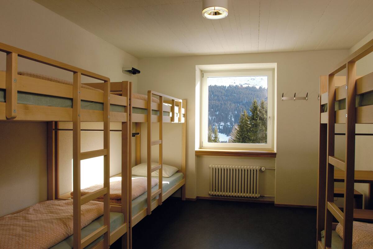 Una habitación con literas, una ventana con vistas a un bosque y un radiador.
