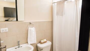A bathroom with a sink, toilet, and shower curtain.