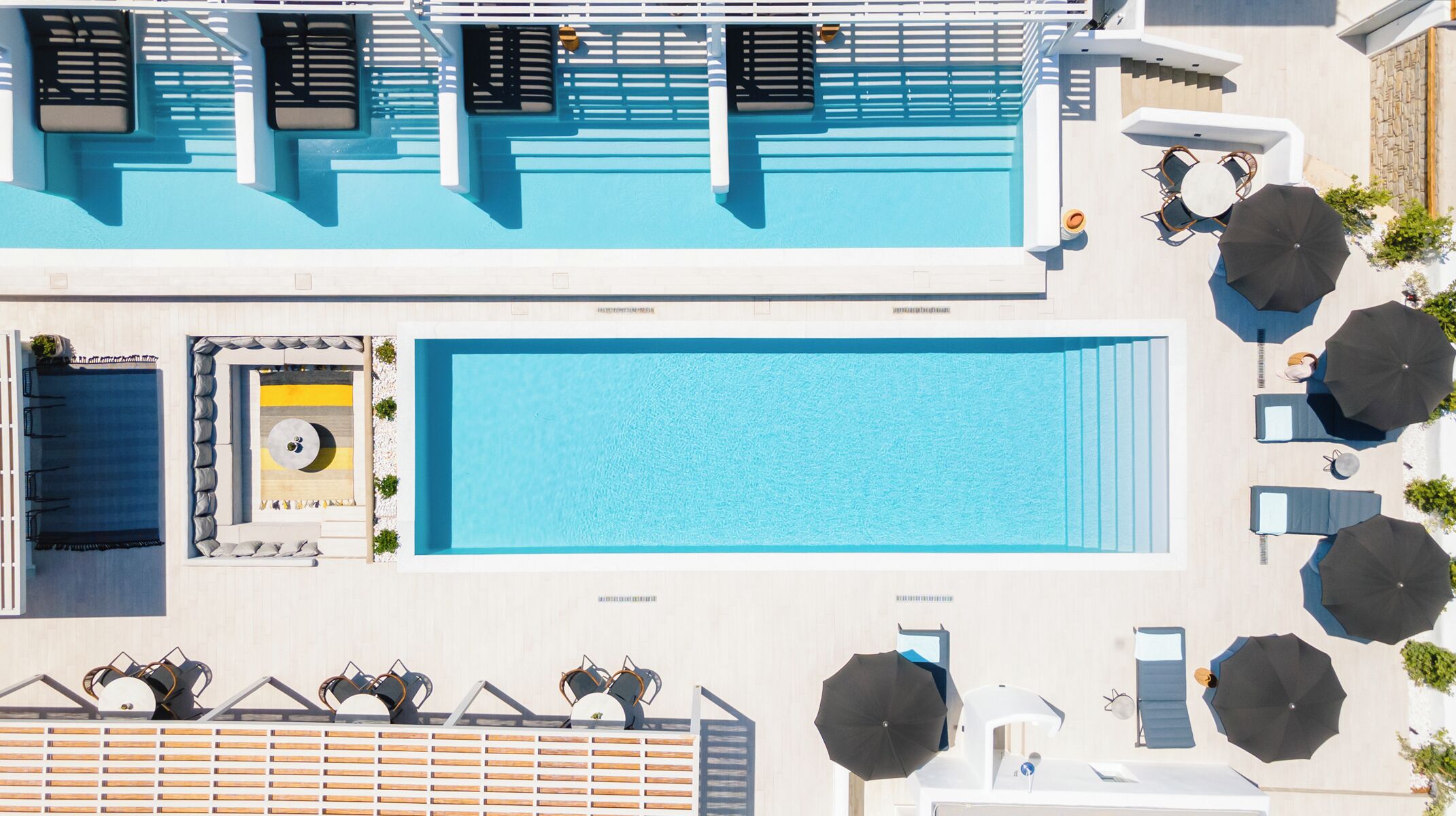 Seasonal outdoor pool, pool umbrellas, pool loungers
