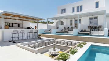 Seasonal outdoor pool, pool umbrellas, pool loungers