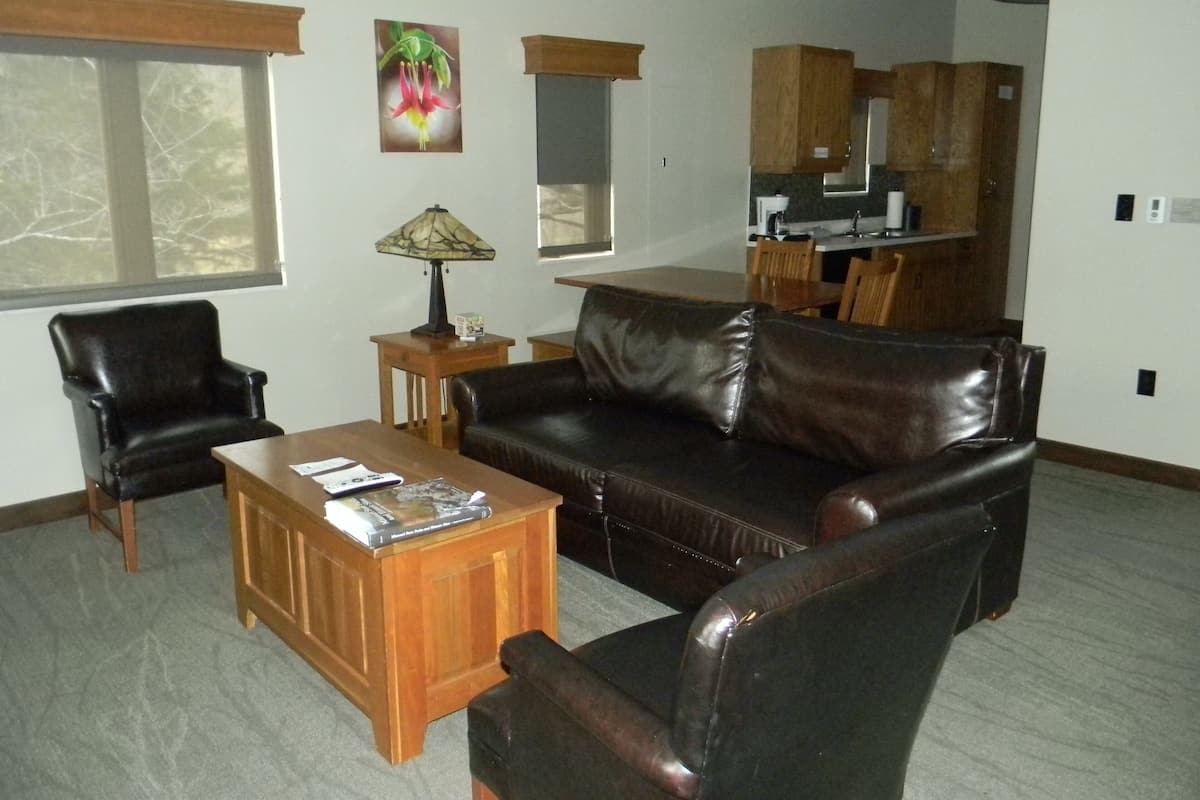 A living room with a leather sofa, a wooden coffee table, and a lamp. There is a dining area with a table and chairs in the background.