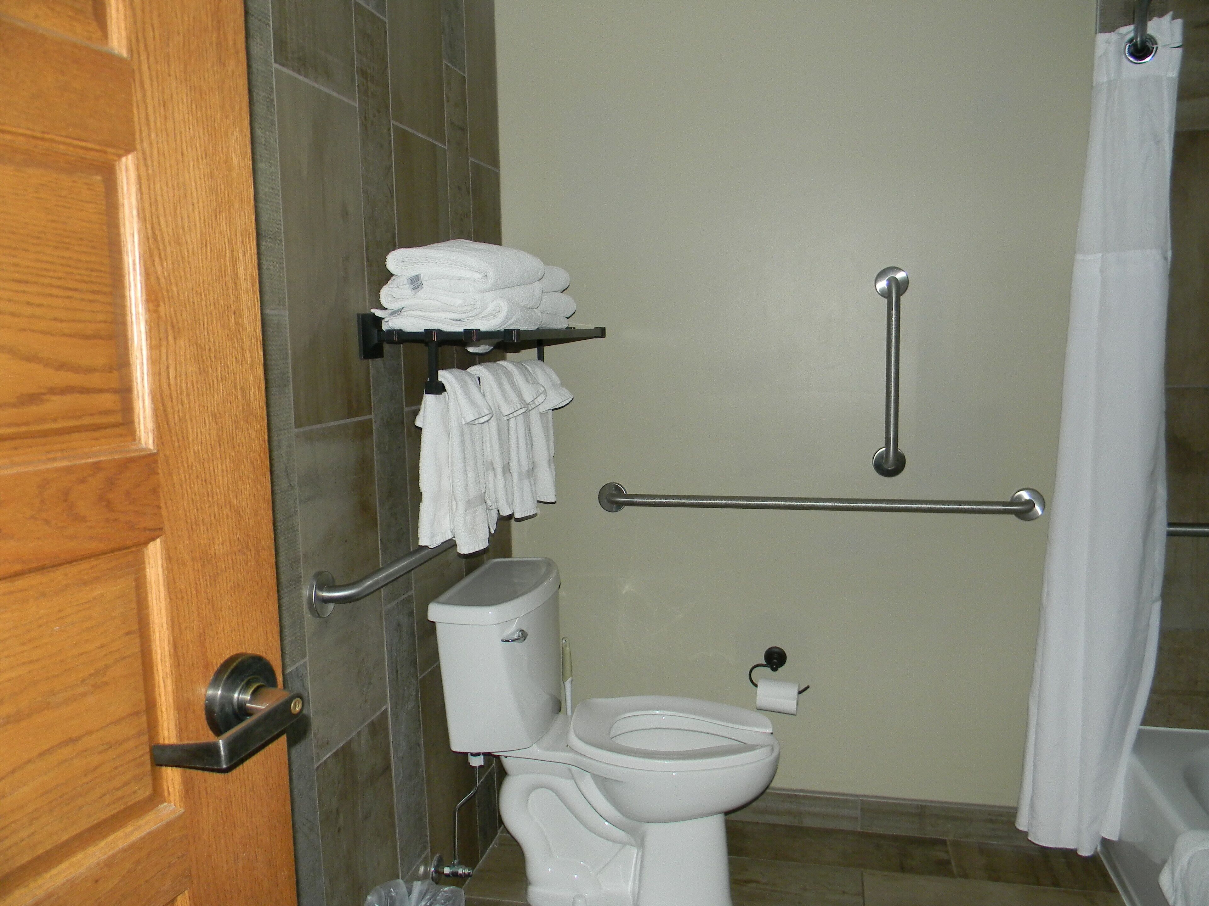 Un baño con inodoro, barras de apoyo, un estante con toallas y cortina de ducha.